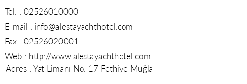 Alesta Yacht Hotel telefon numaralar, faks, e-mail, posta adresi ve iletiim bilgileri